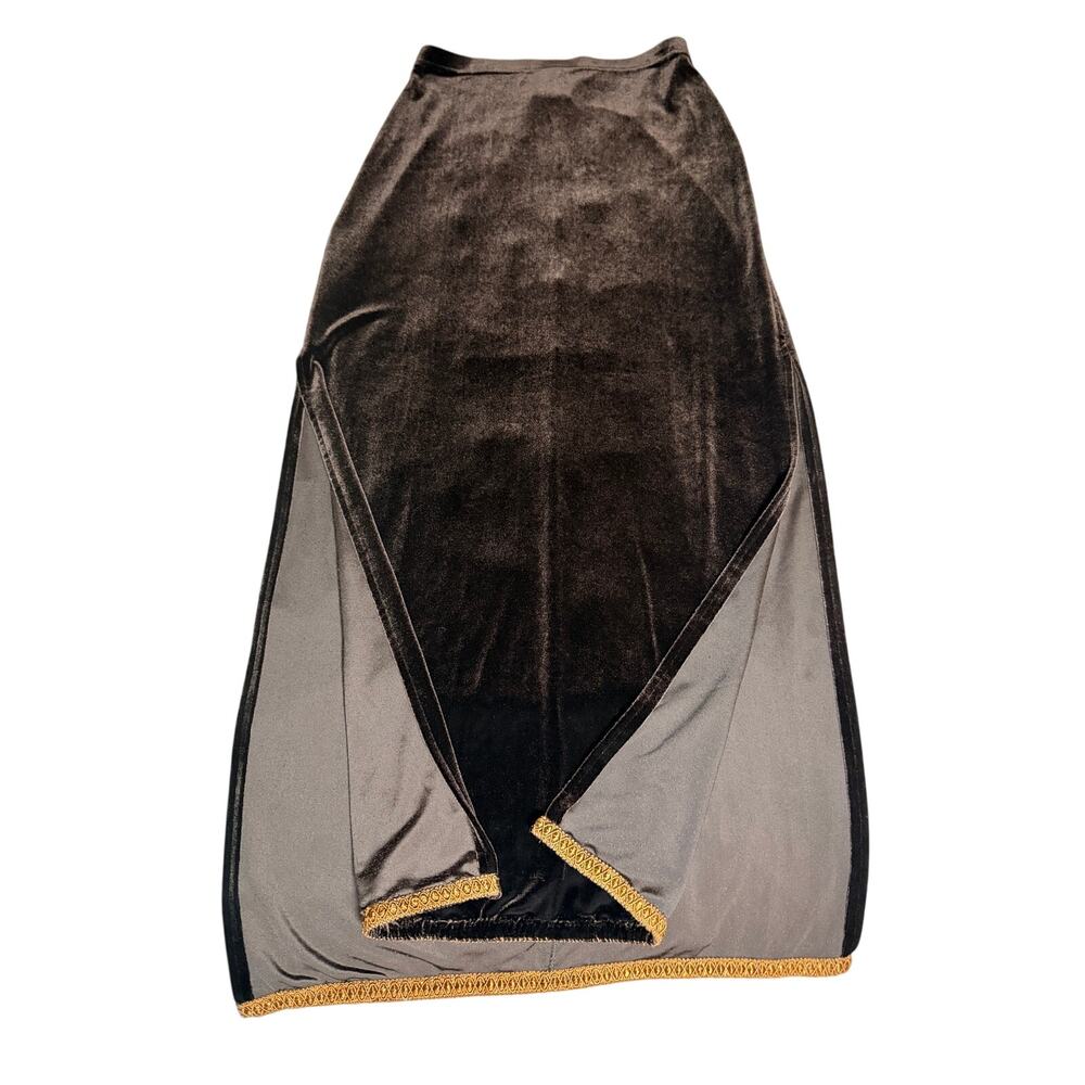 0277 Vintage Tadashi Black Velvet Maxi Skirt Gold Trim Side Slit XS